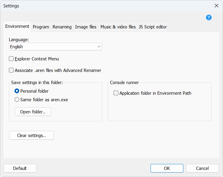 Program settings, Tab Environment