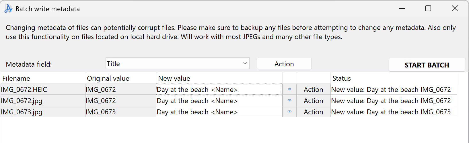 Batch Write Metadata UI Grid