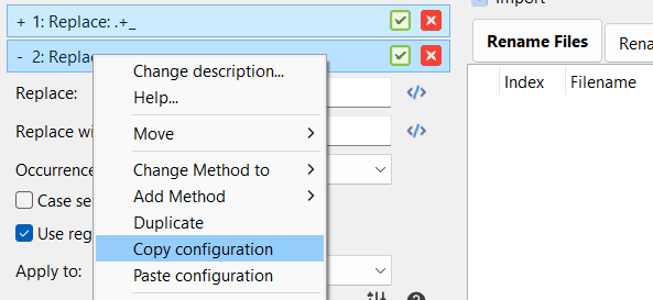 Copy/Paste batch method configuration from right click menu