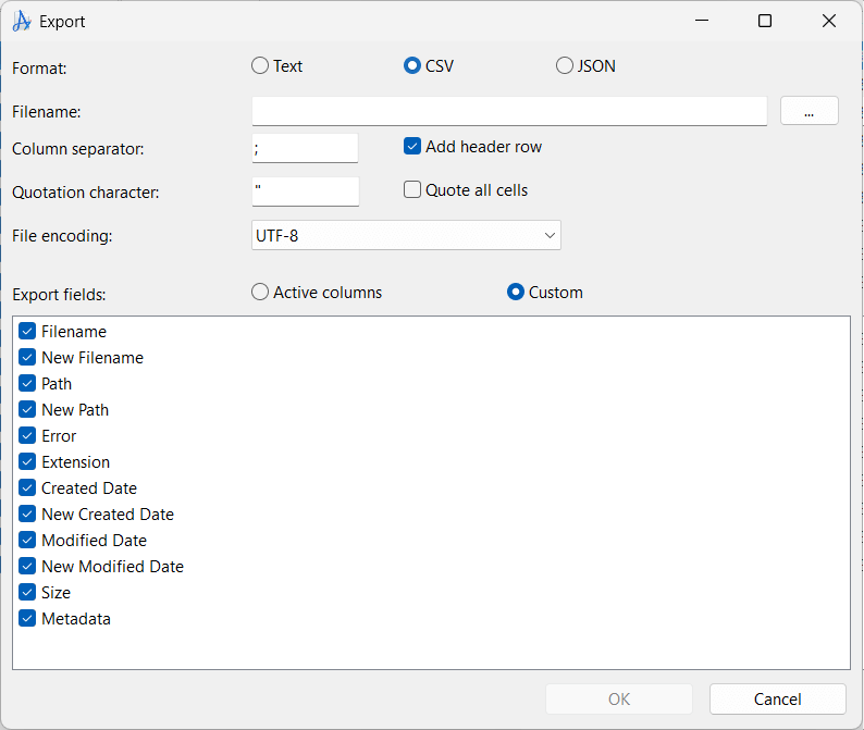 Export the list including metadata to text, csv, or json file