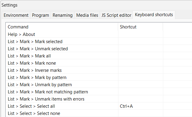 Settings for keyboard shortcuts