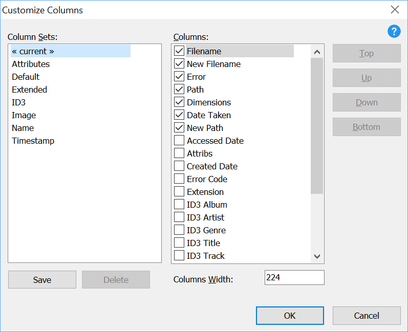 Column customization dialog