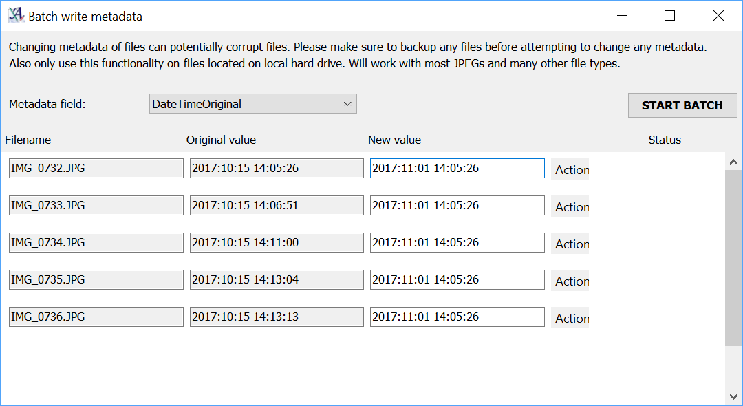 Change metadata of files in the list