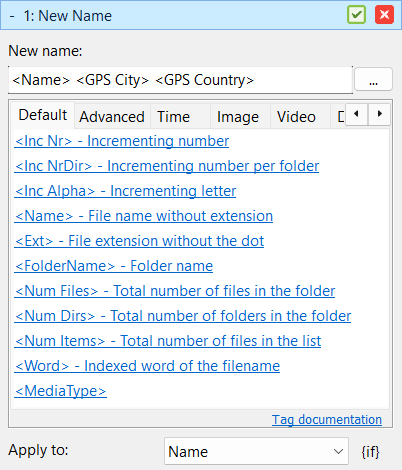 Screenshot showing GPS tag usage in Advanced Renamer