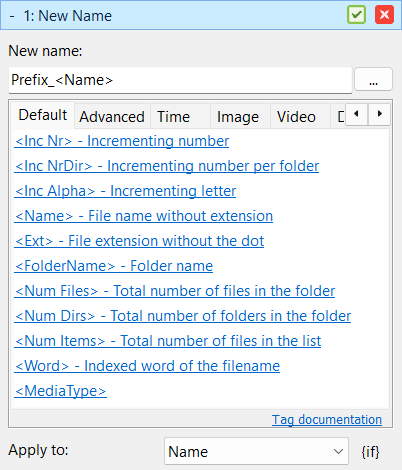 Screenshot showing how to add a prefix to filenames in Advanced Renamer