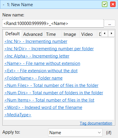 Screenshot showing how to randomize filenames by adding a random number in Advanced Renamer
