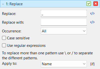 Screenshot showing how to replace underscores with spaces in Advanced Renamer