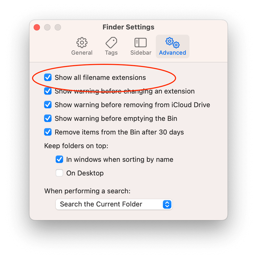 Show file name extensions in macOS Finder