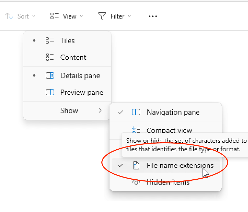 Show file name extensions in Windows File Explorer