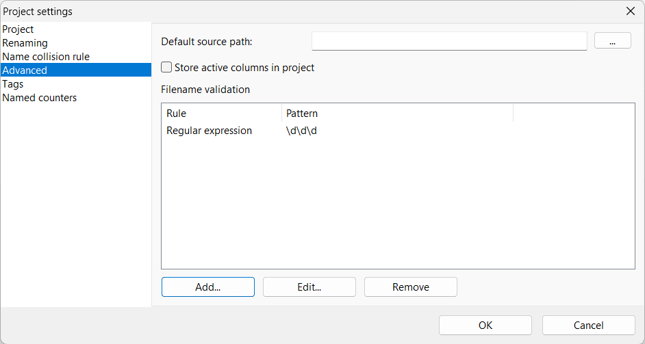 Project Settings window, Advanced section with default source path, active columns, and filename validation rules
