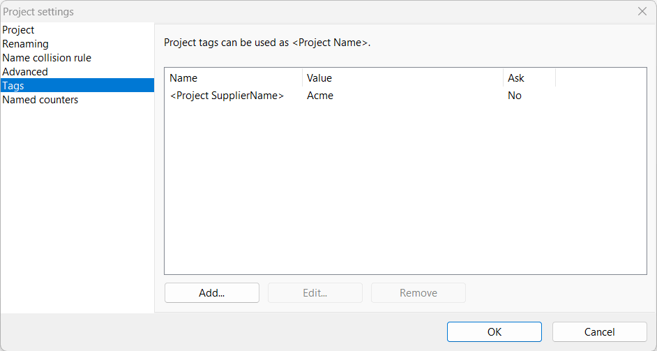 Project Settings window, Tags section with the SupplierName project tag set to Acme