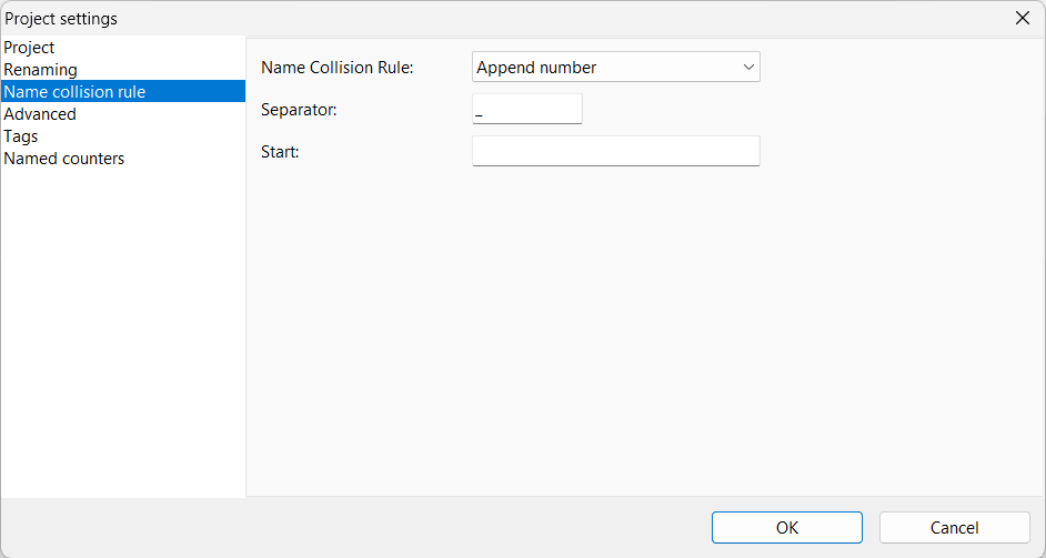 Project Settings window, Name collision rule section with Append number selected