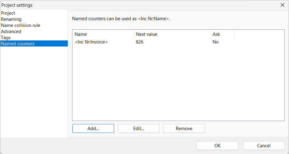 Project Settings window, Named counters section with the Invoice counter's next value set to 826
