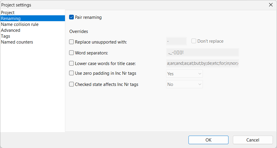 Project Settings window, Renaming section with pair renaming and overrides