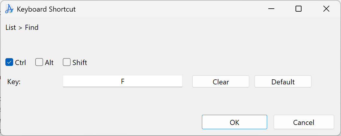 Keyboard Shortcut window for changing a command shortcut