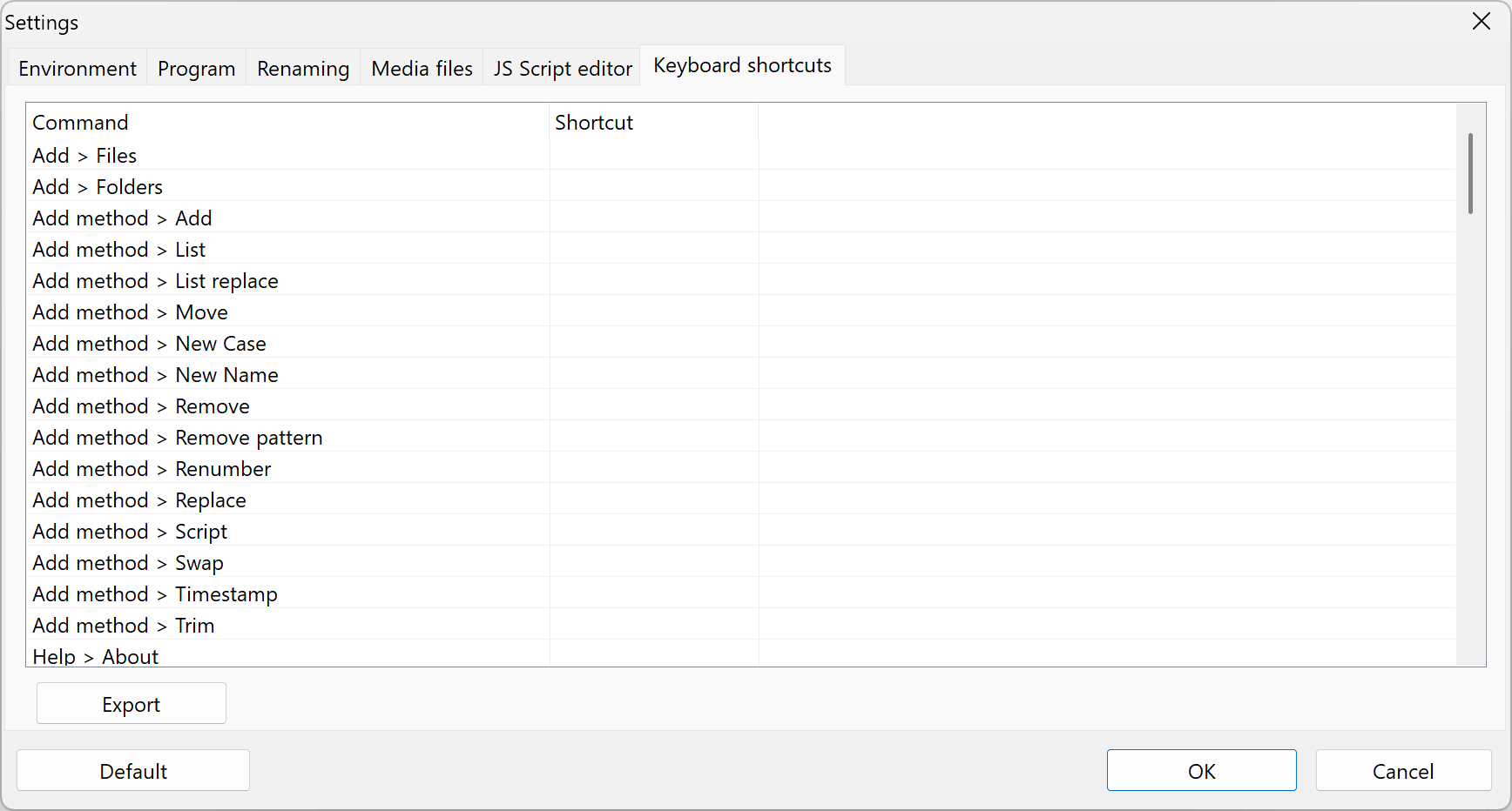 Settings window, Keyboard shortcuts tab