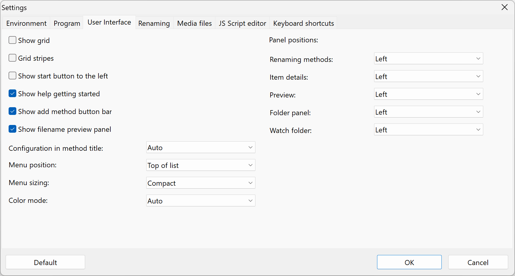 Program settings, Tab User Interface